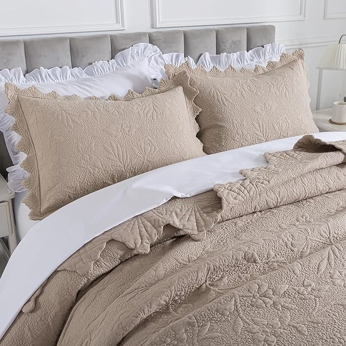 High-Grade Brandream Khaki Cotton Quilt Set Queen Size Vintage Cottage Floral Vine User-Friendly
