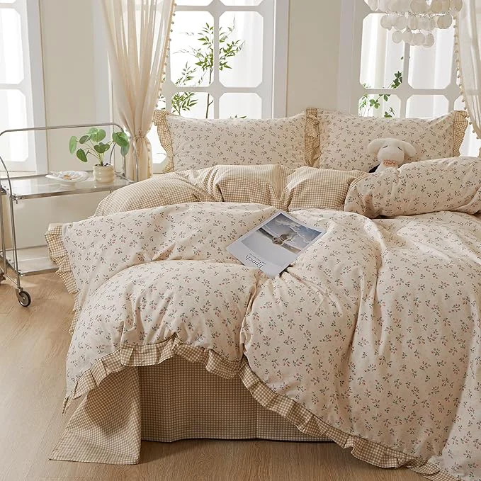 Top-Quality mixinni Beige Floral Duvet Cover King Size Cotton Cute Strawberry Floral Minimalist