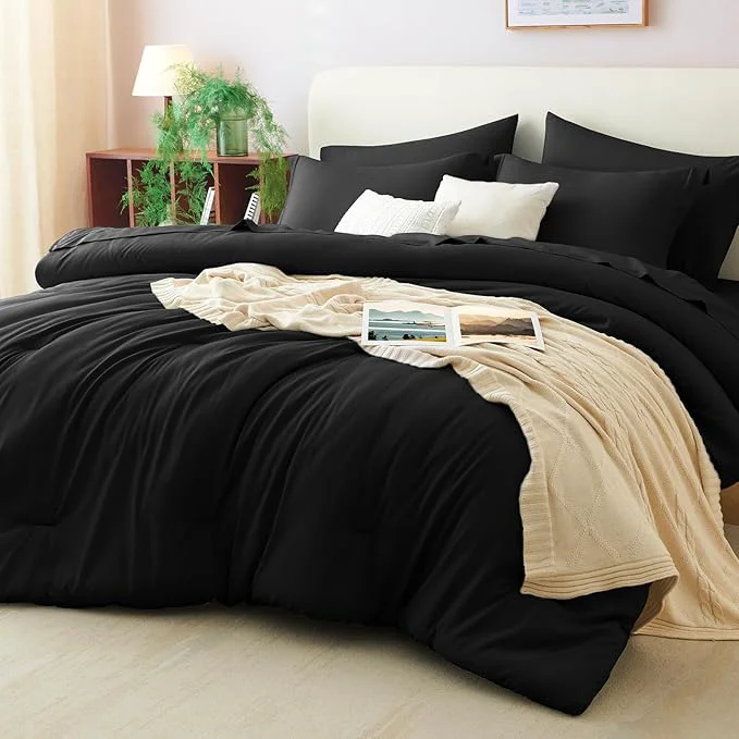 Durable CozyLux Oversized Queen Comforter Set Black 7 Pieces Bed in a Bag Comforter Set Trusted