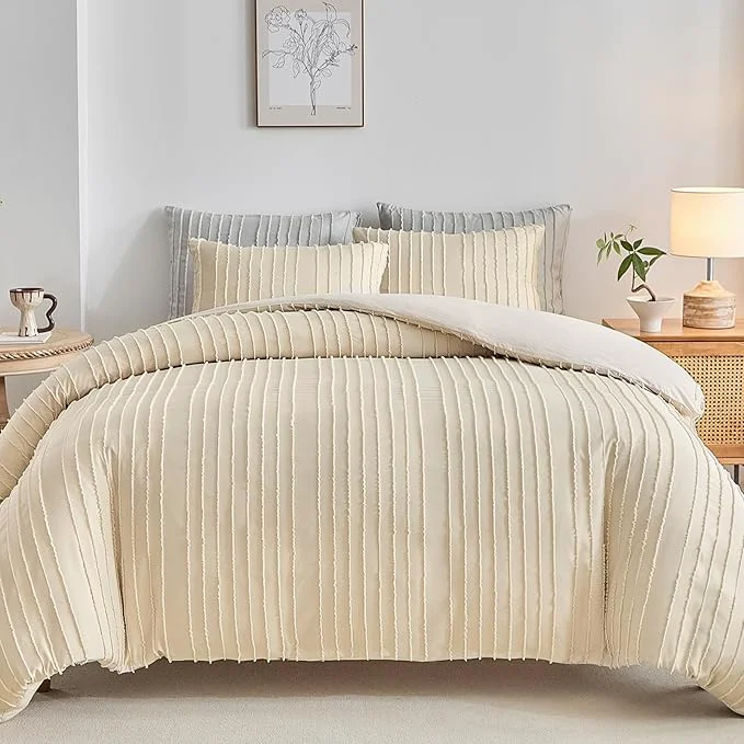 Exclusive WARMDERN Khaki Boho Duvet Cover Set Queen Size Striped Textured Tufted Bedding Next-Generation