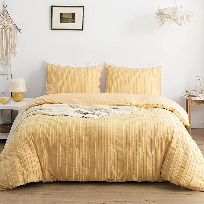 Versatile WARMDERN Yellow Boho Duvet Cover Set Queen Size Striped Textured Duvet Cover Green