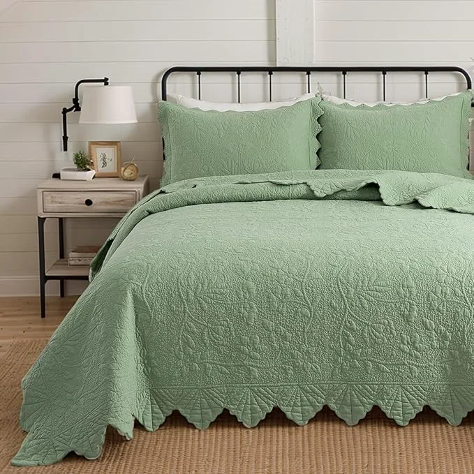 World-Class Brandream Premium Sage Green Cotton Quilt Set Queen Size Floral Vine Stitching Elegant