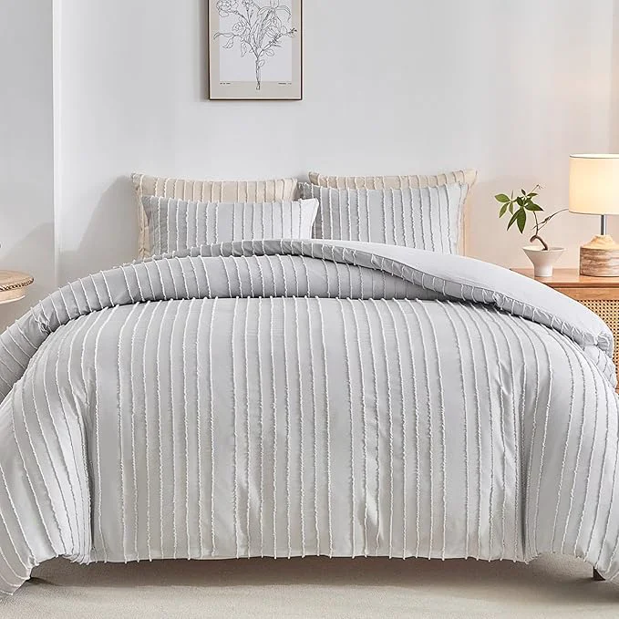 Proven WARMDERN King Boho Duvet Cover Set Light Grey Striped Microfiber 3pcs Bedding Clean