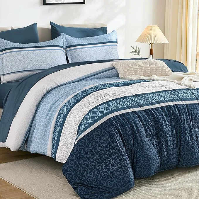 Recyclable WONGS BEDDING Navy Blue King Comforter Set 7 Pieces Boho Striped Bed in a Bag Sophisticated