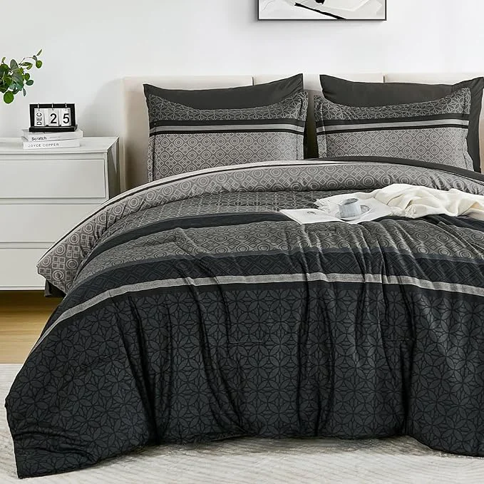 Functional WONGS BEDDING 7 Pieces Comforter Set King Size Dark Grey Black Striped Bed in Official