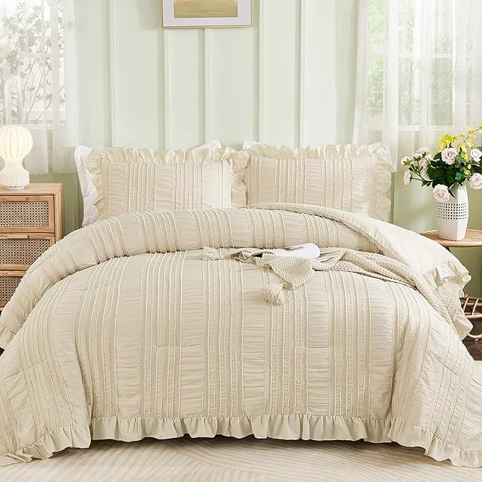 Superior WONGS BEDDING Beige Ruffle Queen Comforter Boho Shabby Chic Bedding Pure