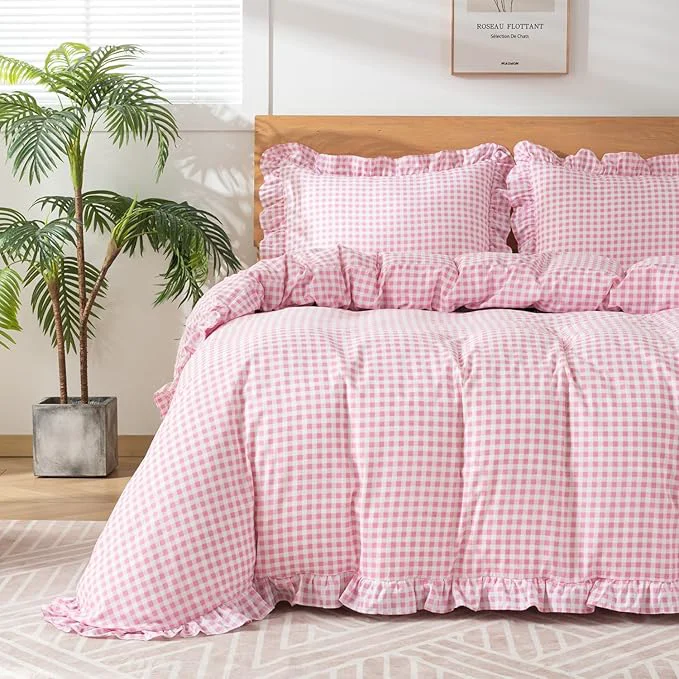 Detailed Gingham Duvet Cover King Size 3 Pieces Soft Breathable Microfiber Plaid Smooth