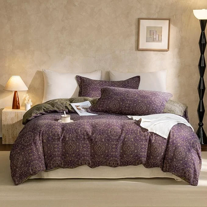 Reliable mixinni Purple Green Floral Duvet Cover Queen Size Elegant Double-Layer Yarn Pure