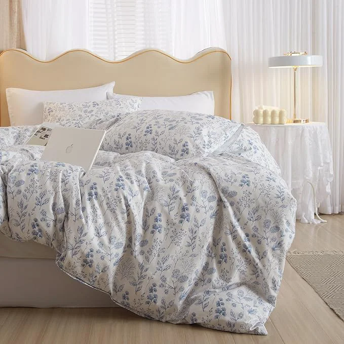 Safe mixinni Garden Style Blue Flowers Leaves Duvet Cover King Size Soft Cotton Organic