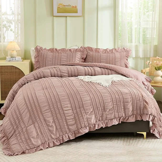 Natural WONGS BEDDING Pink Comforter Set King 3 Pieces Ruffle Farmhouse Shabby Chic Smart