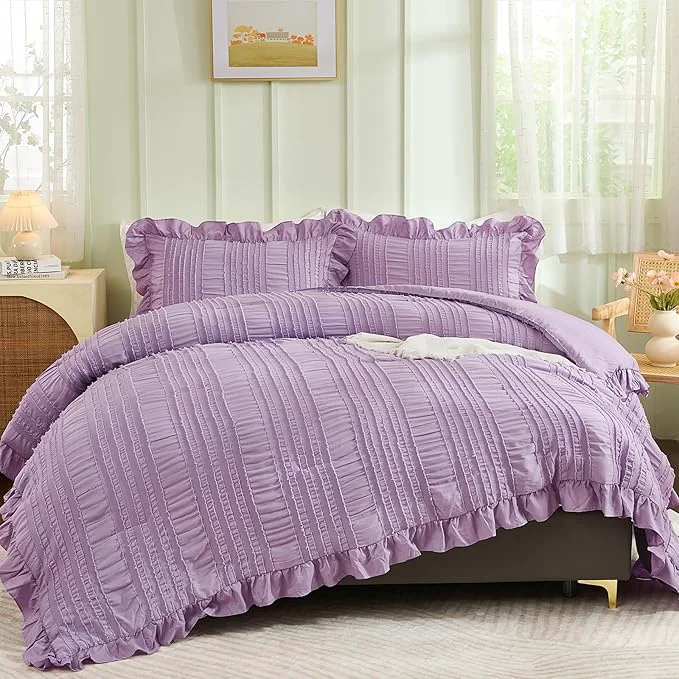 High-Grade WONGS BEDDING Purple Comforter Set Queen 3 Pieces Ruffle Farmhouse Shabby Chic Relaxed