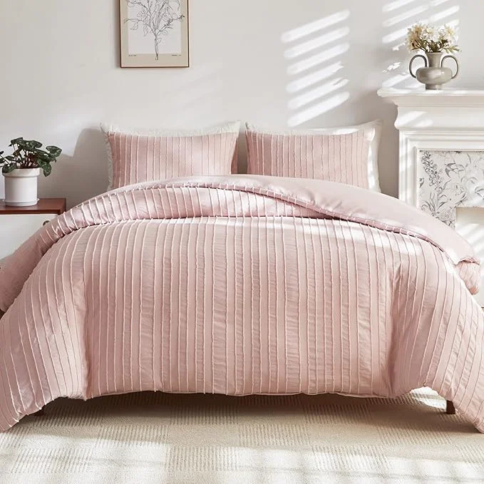 Practical WARMDERN Pink Tufted Duvet Cover Set Queen Size Striped Textured Duvet Cover Recyclable