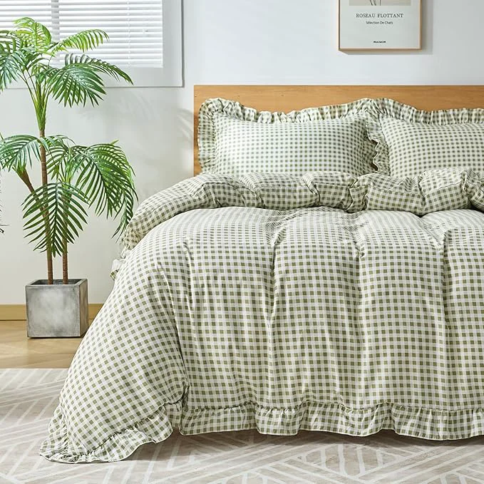 Practical Gingham Duvet Cover Full Size 3 Pieces Soft Breathable Microfiber Plaid Advanced