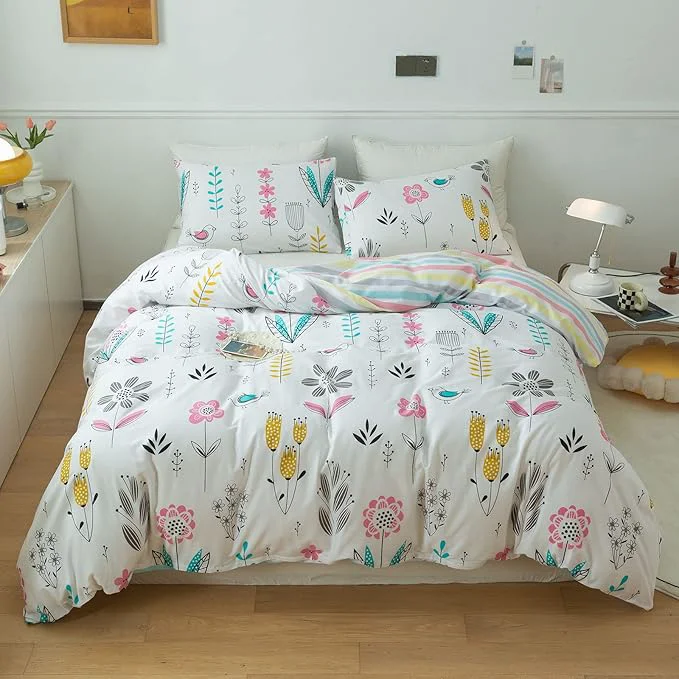 Solid mixinni Flowers Duvet Cover for Teenage Girls Queen Size Floral Leaf Printed Premium Material