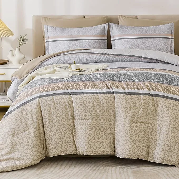 Recyclable WONGS BEDDING Beige Comforter Set Queen Size 7 Pieces Striped Bed in a Bag Crafted
