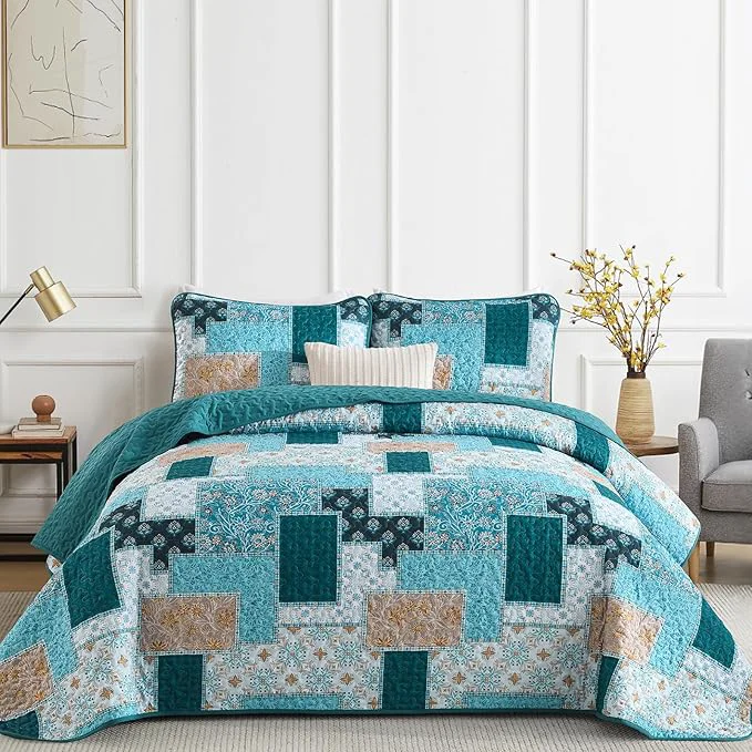 First-Class Xruibed Teal Quilt Set Queen Size 3 Pieces Plaid Floral Boho Bedspread Coverlet Sustainable