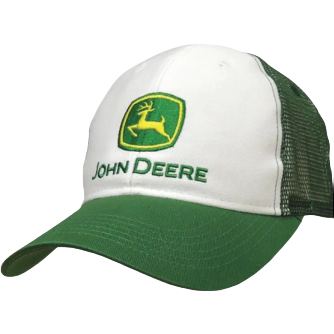Powerful John Deere Logo 6 Panel Mesh Back Cap White Traditional