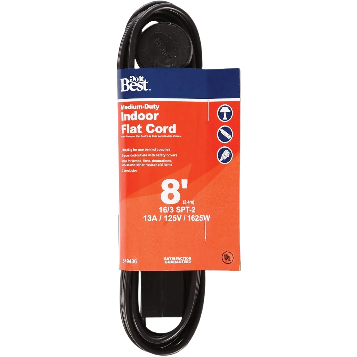 Secure Do it Black 16 3 Flat Plug Extension Cord 8 ft. Casual