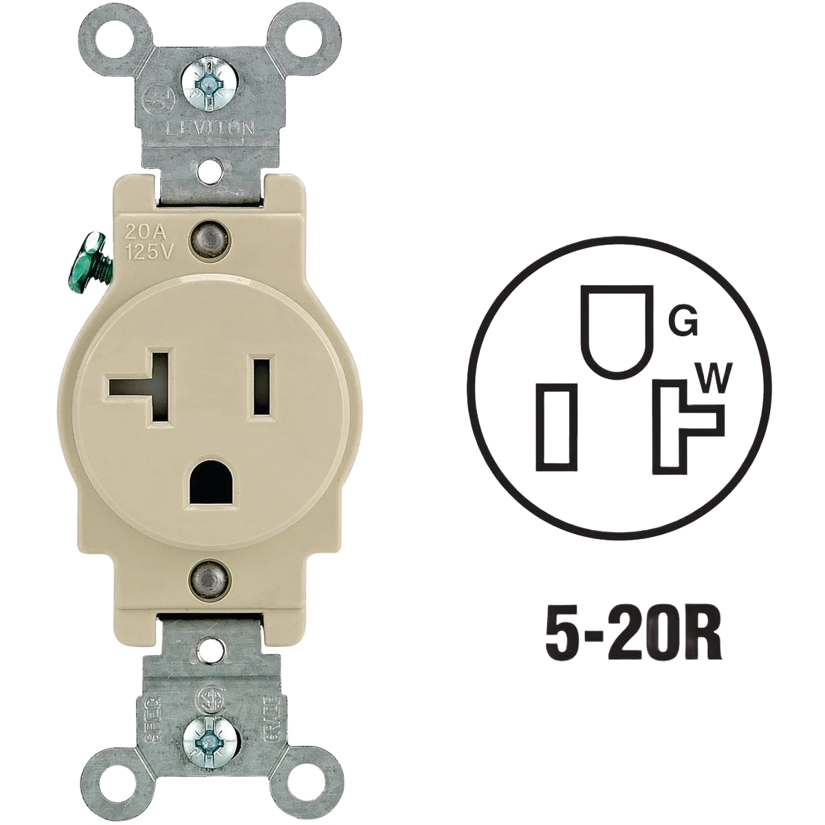 Classic Leviton 20 Amp Ivory Commercial Grade Tamper Resistant Single Outlet High-End
