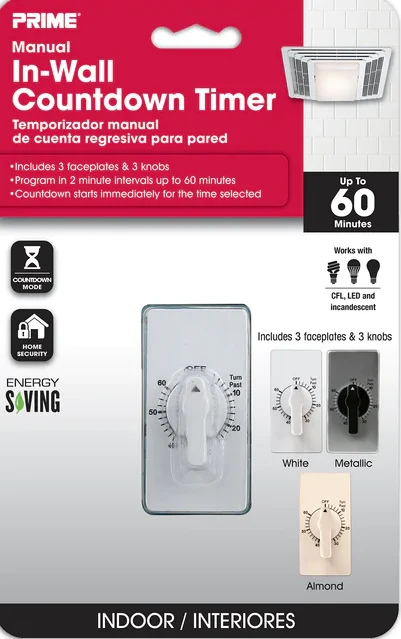 Functional Prime Wire In-Wall Spring Wound Countdown Timer w Three Faceplates Environmentally Friendly