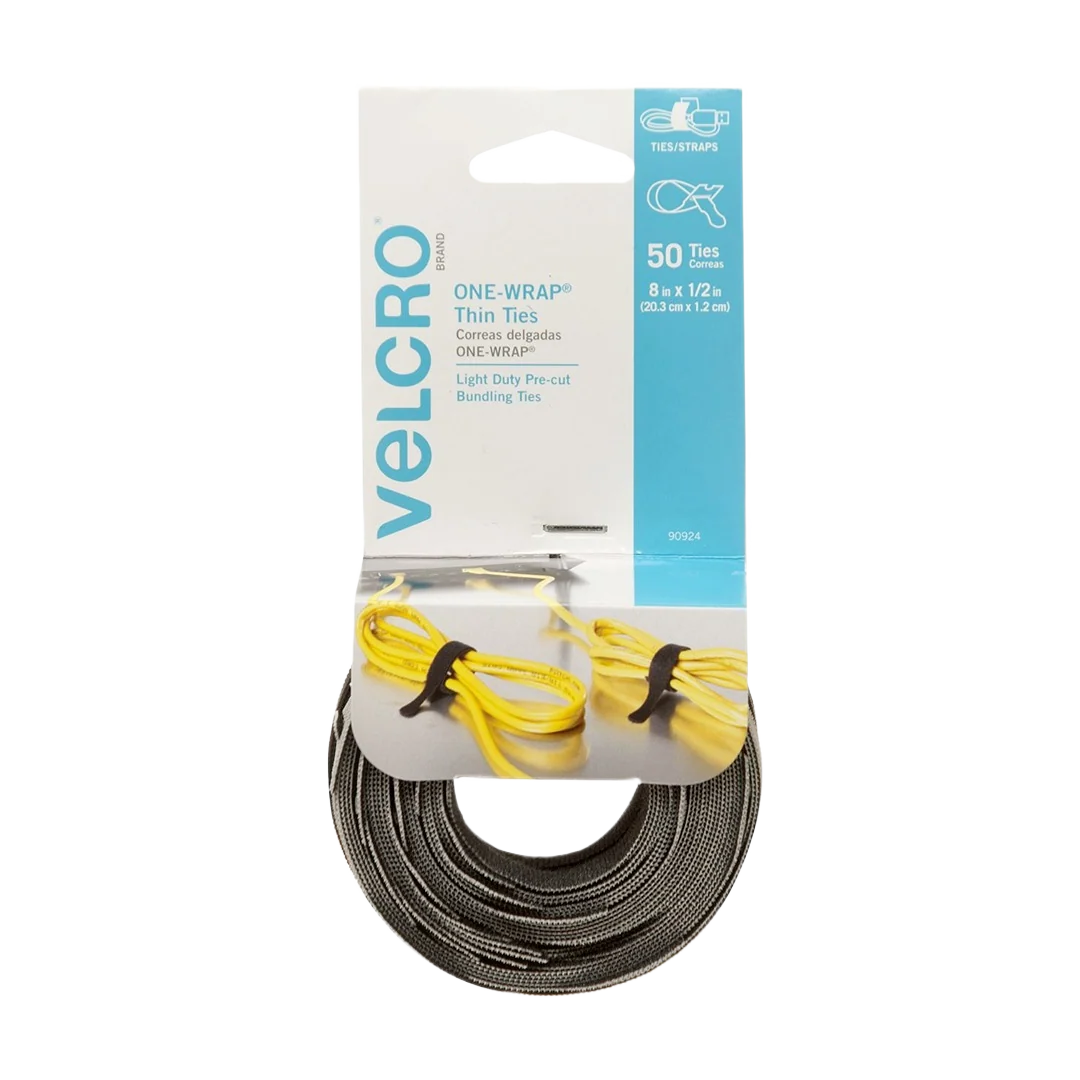 High-End Velcro One-Wrap Black Gray Thin Reusable Ties 50-Pack Relaxed