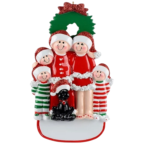 High-End Rudolph Me Personalized Family of 5 with Black Dog Ornament Relaxed
