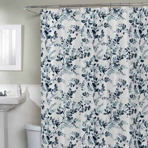 Sustainable Zenith Blue Watercolor Botanical Shower Curtain Eco-Friendly