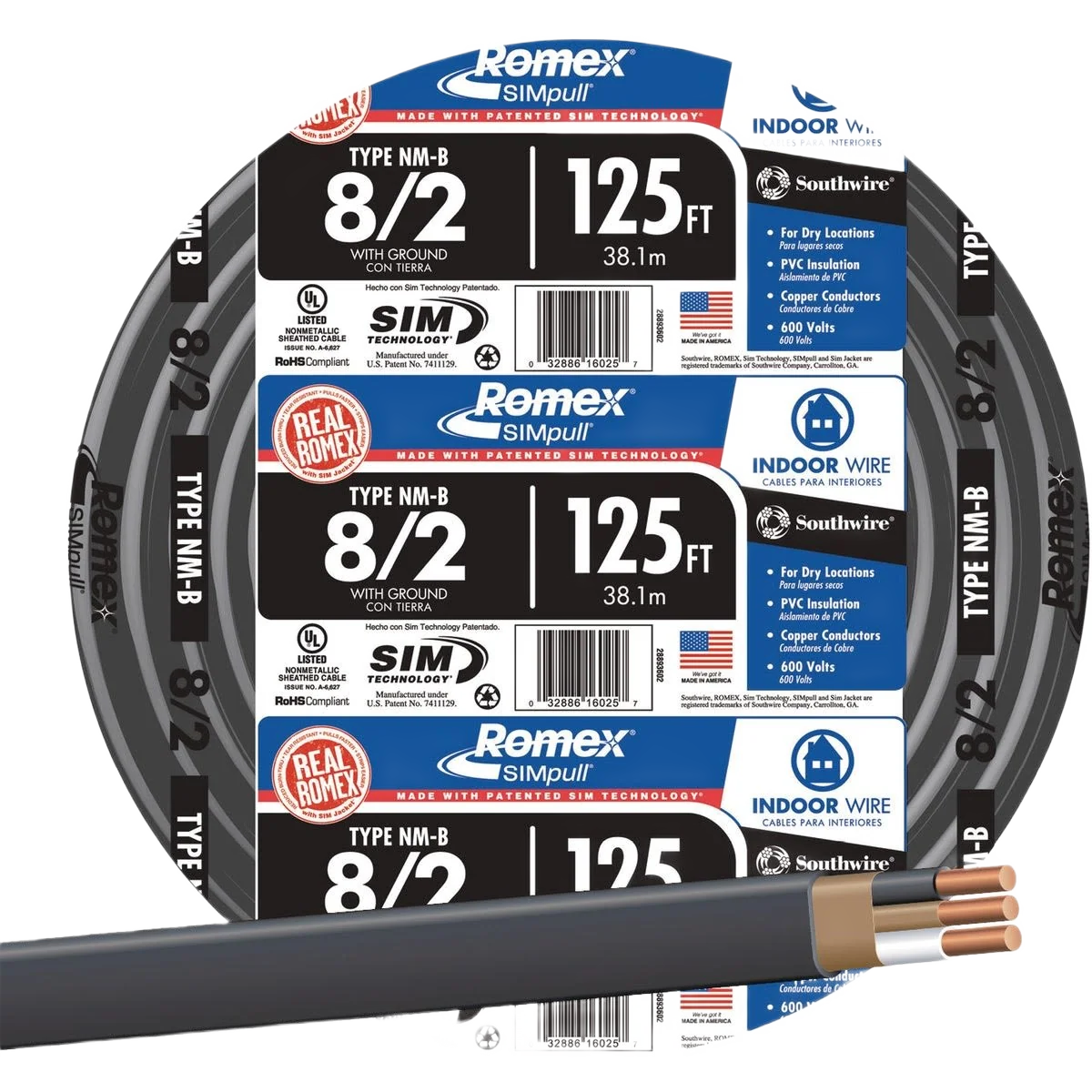Enhanced Romex 125 ft. 8-2 Black Solid NMW G Wire Green
