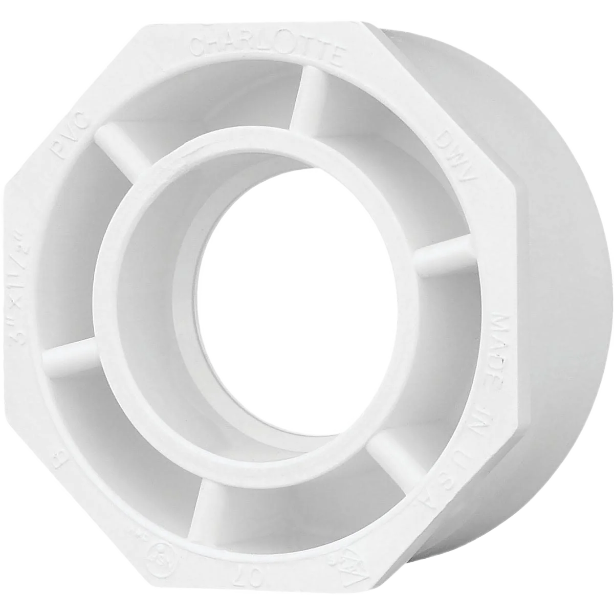 Premium Charlotte Pipe Schedule 40 DWV Flush PVC Bushing 3 In. SPG x 1-1 2 In. Hub Top-Quality