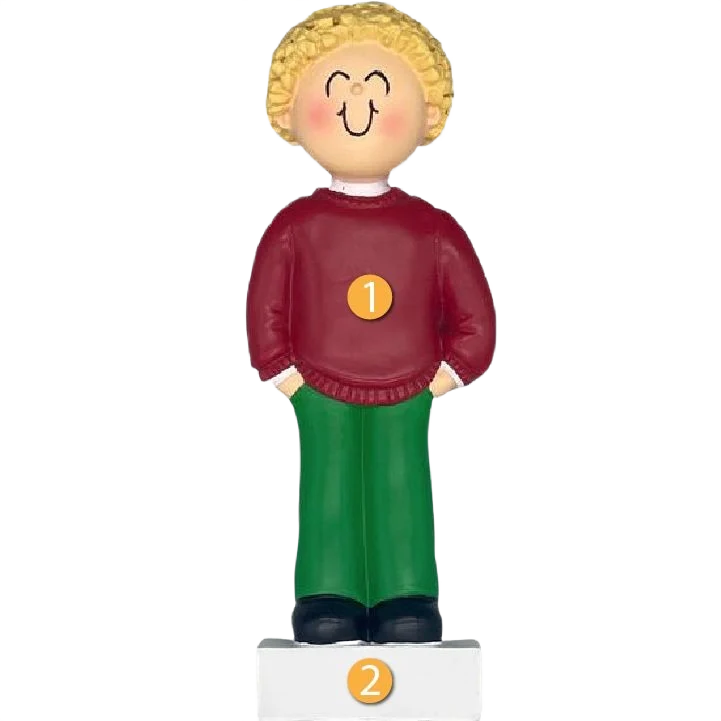Trendy Ornament Central Personalized Blonde Male in Christmas Outfit Ornament Refined