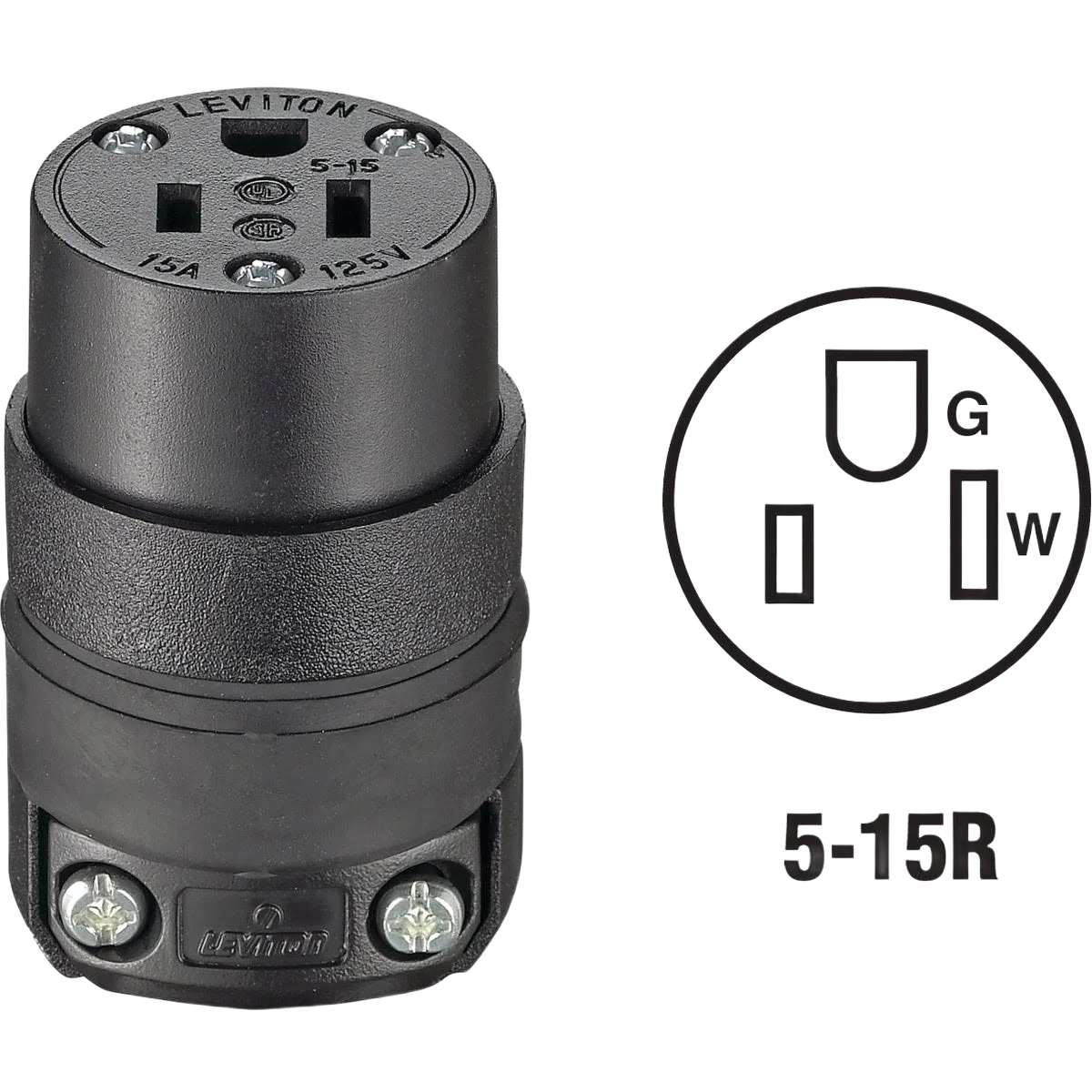 Premium Material Leviton 15 Amp 125V 3-Wire 2-Pole Black Rough Use Cord Connector Original