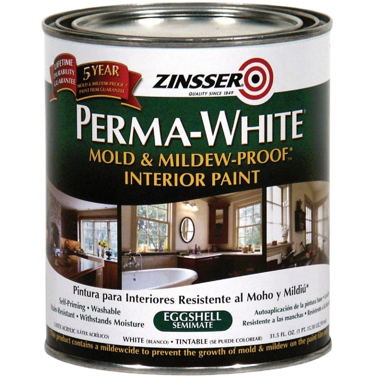 Flexible Zinsser Perma-White White-Tintable Mold Mildew-Proof Eggshell Paint 1 Qt. Exclusive
