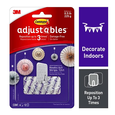 Stylish 3M Adjustables Clear Repositionable Hooks 6-Pack Trendy