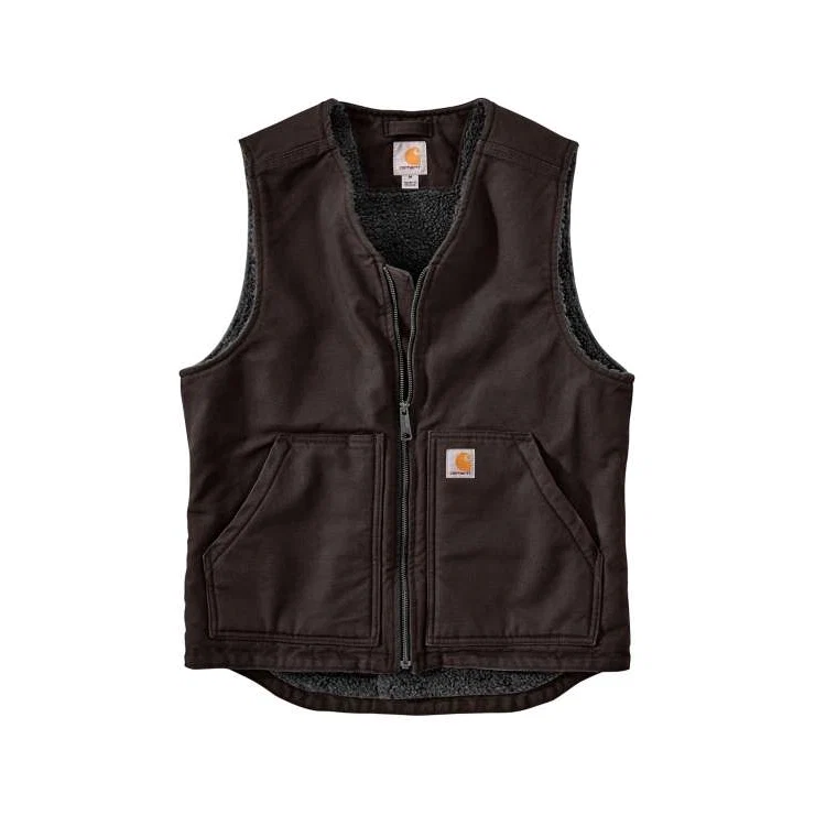 Genuine Carhartt Men’s Dark Brown Washed Duck Sherpa Lined Vest Small Regular Flexible
