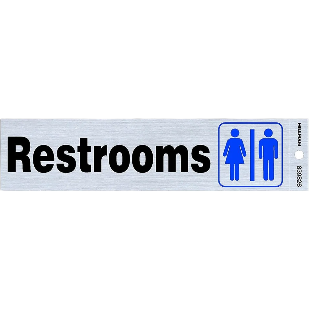 Official Hillman Black Blue Nickel Mylar Self-Adhesive Restrooms Sign 2 x 8 in. Long-Lasting
