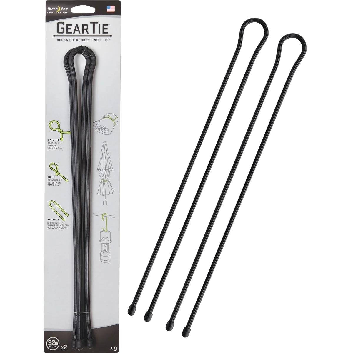 Original Design Nite Ize Gear Tie 2-Pack 32 in. Reusable Rubber Twist Tie Black High-End