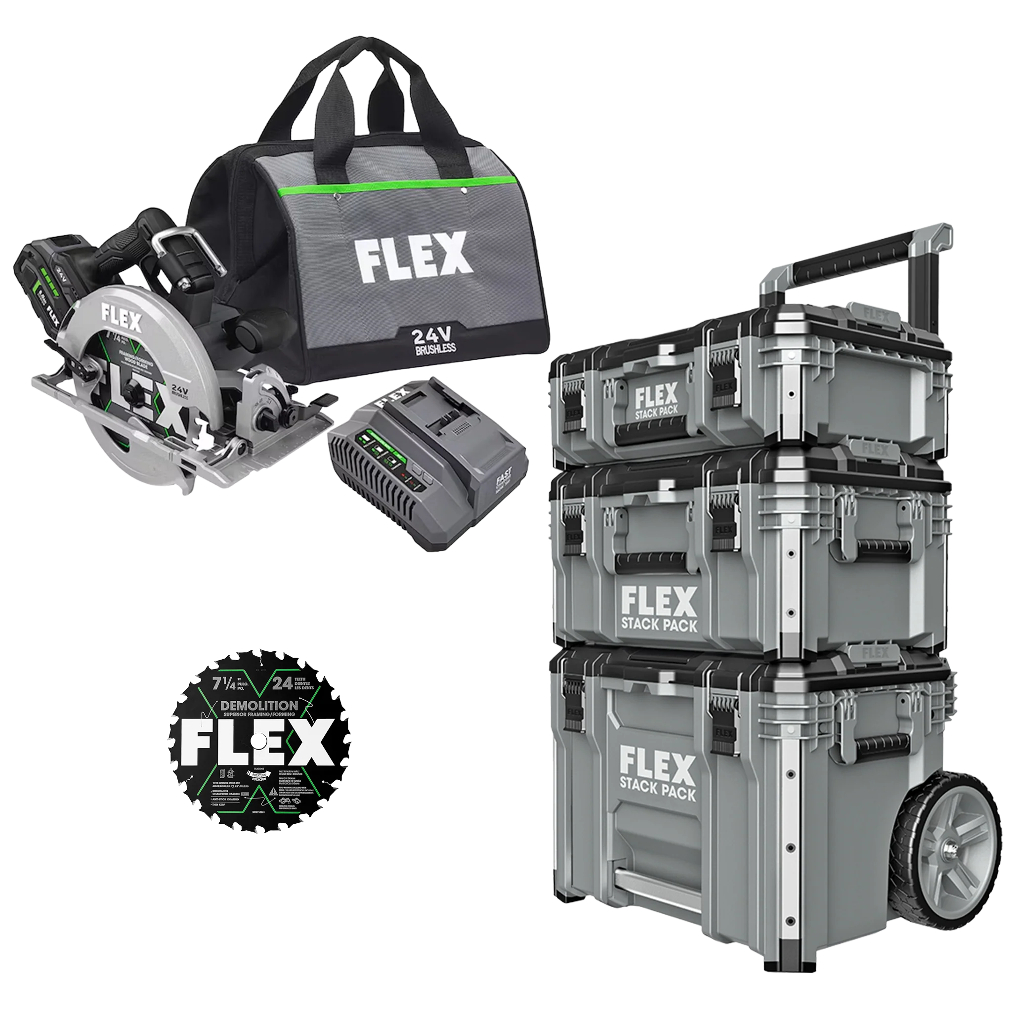 Green FLEX 24V 7-1 4 Circular Saw Kit Demolition Blade Stack Pack™ 3-Pc. Storage System Specialty