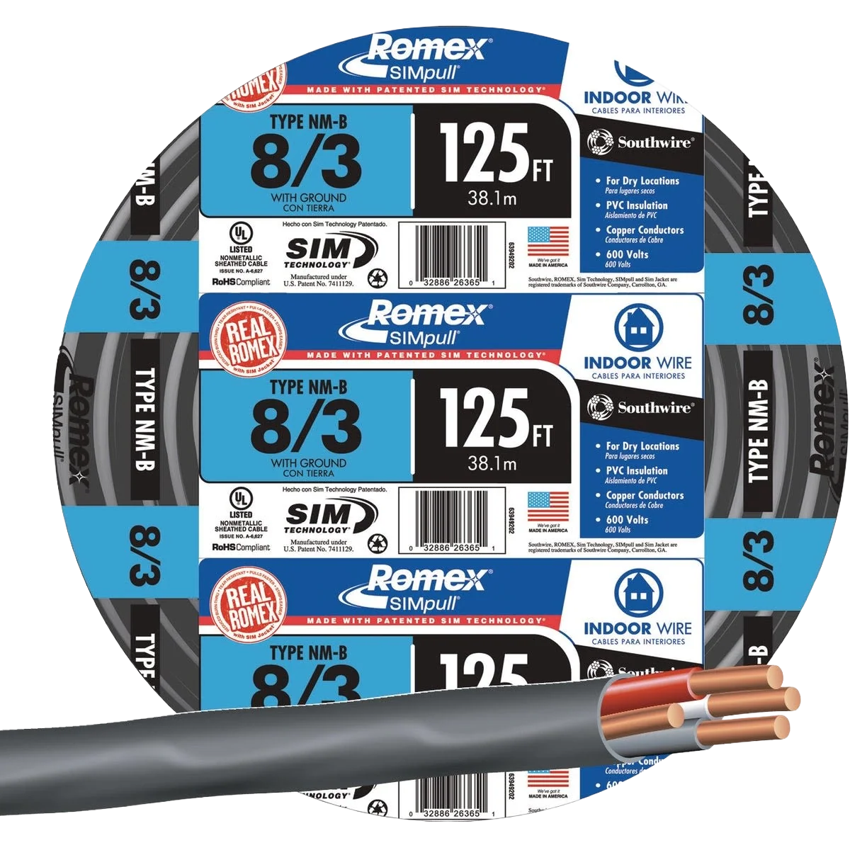 Certified Romex 125 ft. Stranded Black 8-3 NMW G Wire Original Design