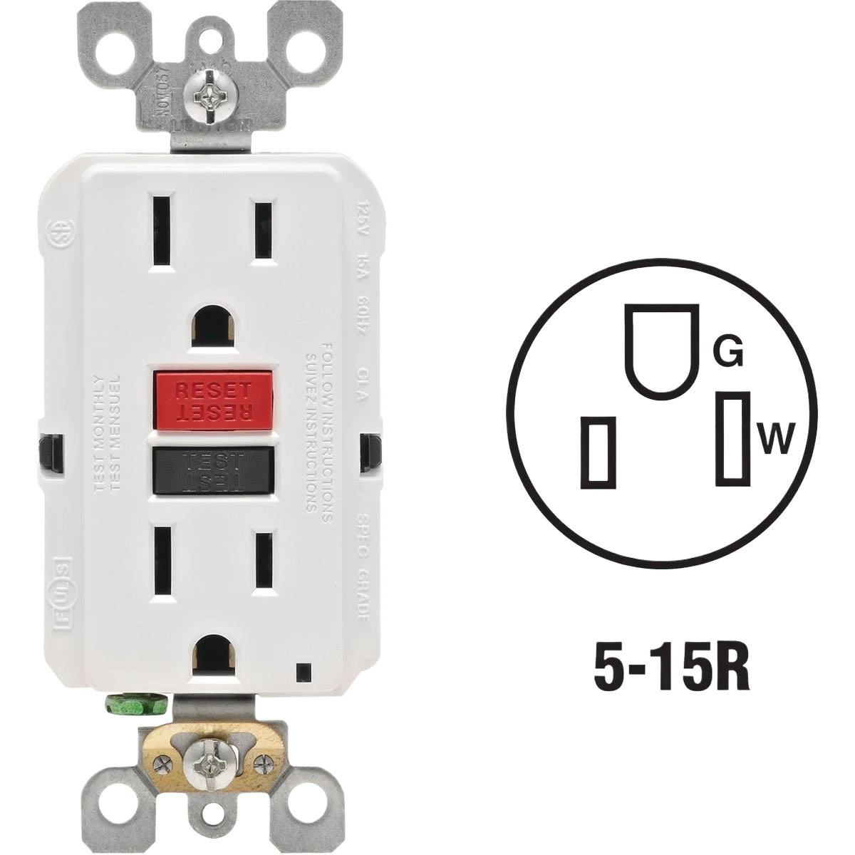 High-Grade Leviton SmartlockPro Self-Test White Residential Grade 5-15R GFCI Outlet