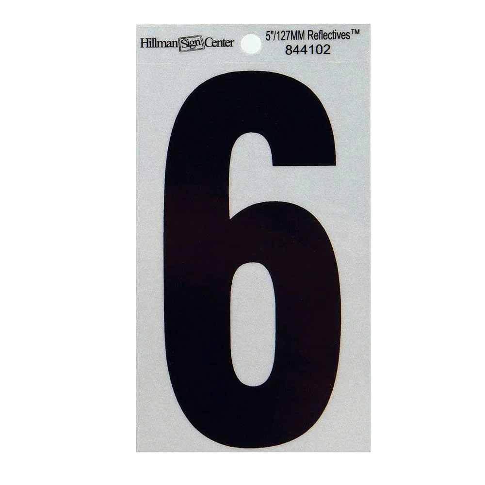 Reusable Hillman 5-In. Black Silver Reflective Adhesive House Number 6 Easy-to-Use