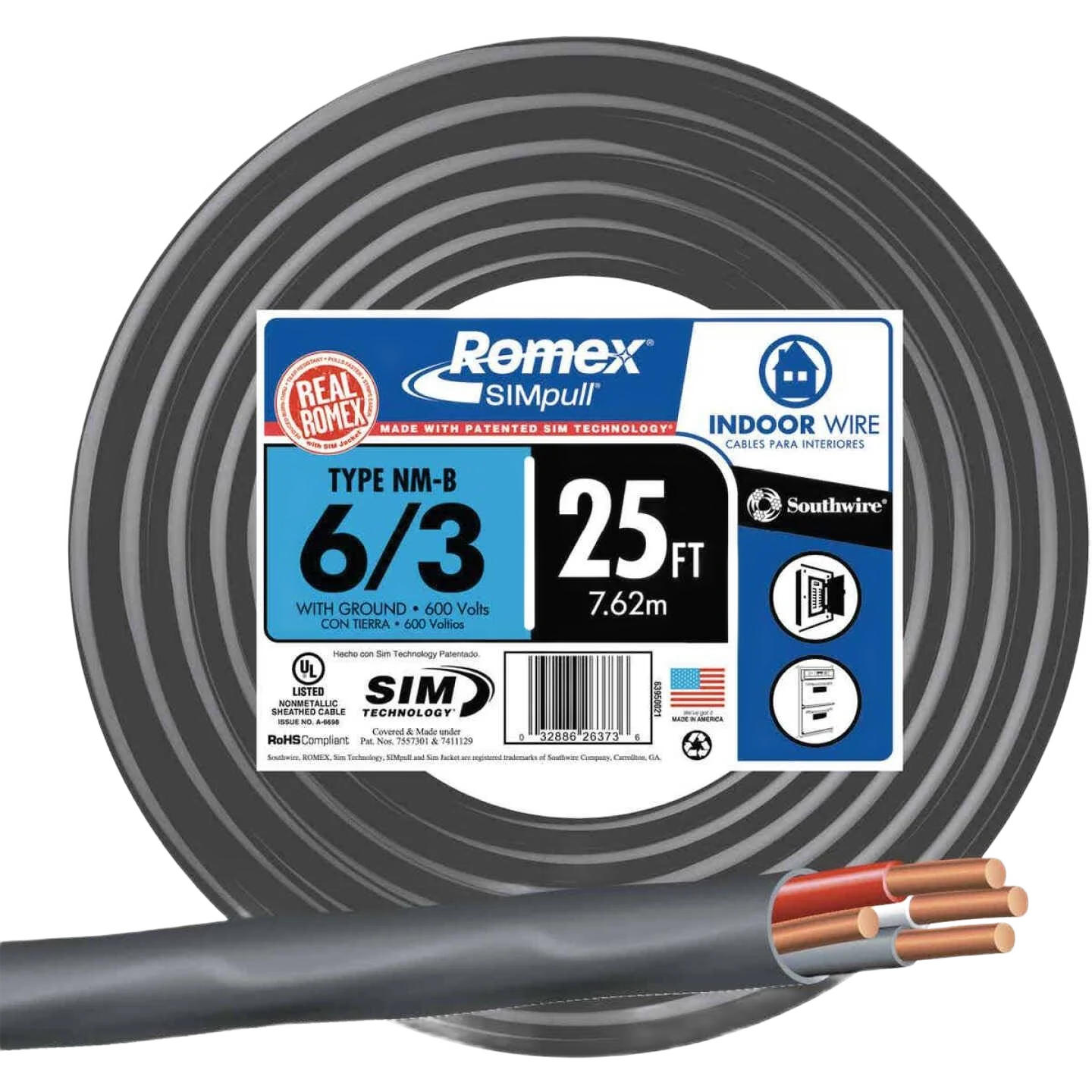 Crafted Romex 25 ft. Brand SIMpull® 6 3 Indoor Wire Copper NM-B Cable Outstanding