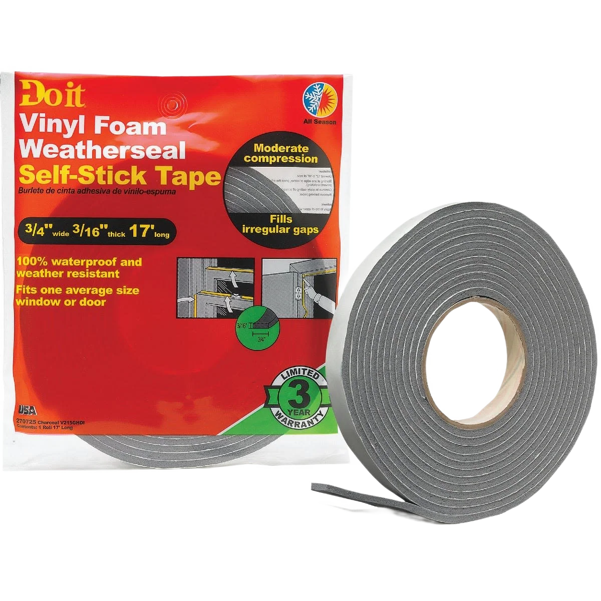 Reusable Do it Charcoal Foam Weatherstrip Tape 3 4 x 3 16 In. x 17 ft. Reliable