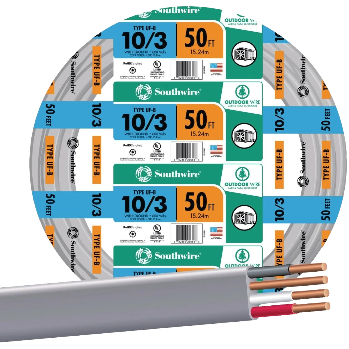 Exceptional Southwire 50′ 10 AWG 3-Conductor UFW G Wire Natural