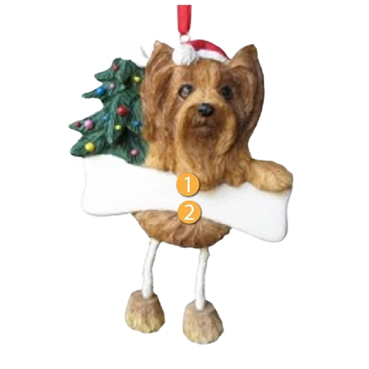 Fashionable E S Pets Personalized Brown Yorkie Dangling Legs Ornament Reusable