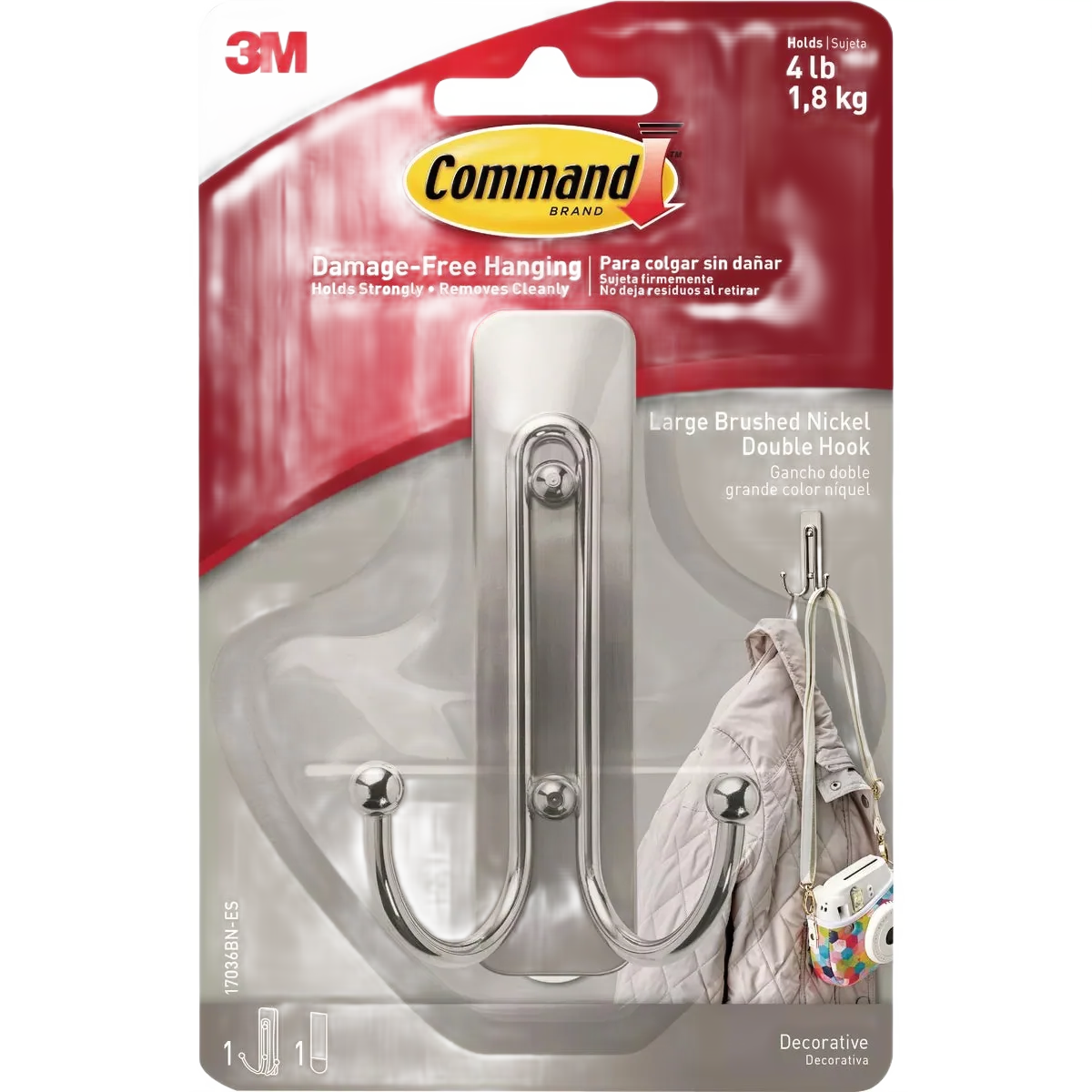 Superior 3M Command Nickel Large Decorative Double Hook 1 Hook 1 Strip Breathable