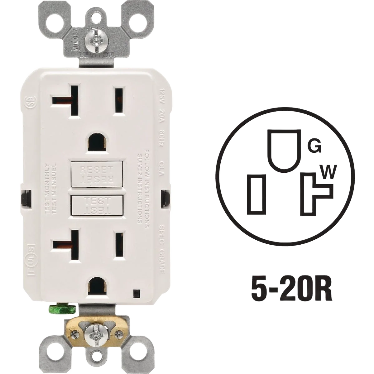 Green Leviton SmartlockPro Self-Test White Commercial Grade Rounded GFCI Outlet Easy-to-Use