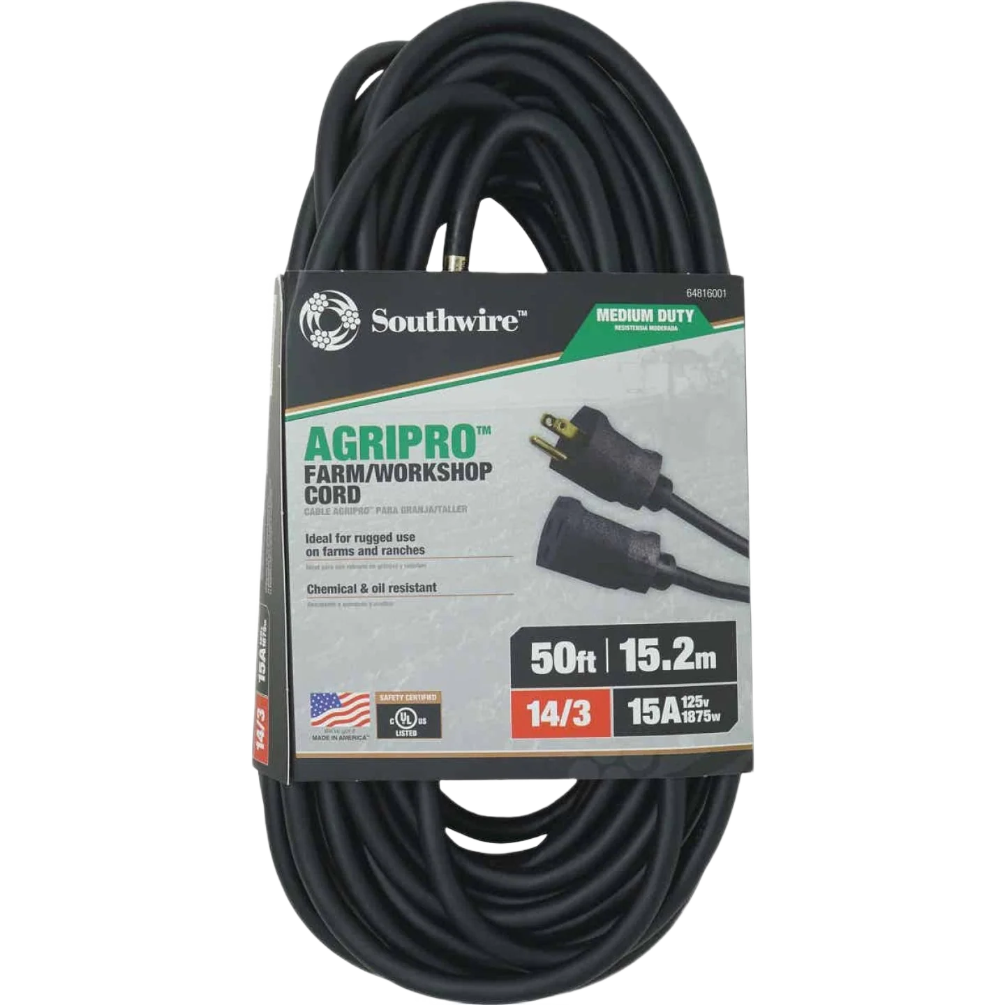 Detailed Southwire Black Agripro Medium-Duty Farm Extension Cord 50 ft. Soft