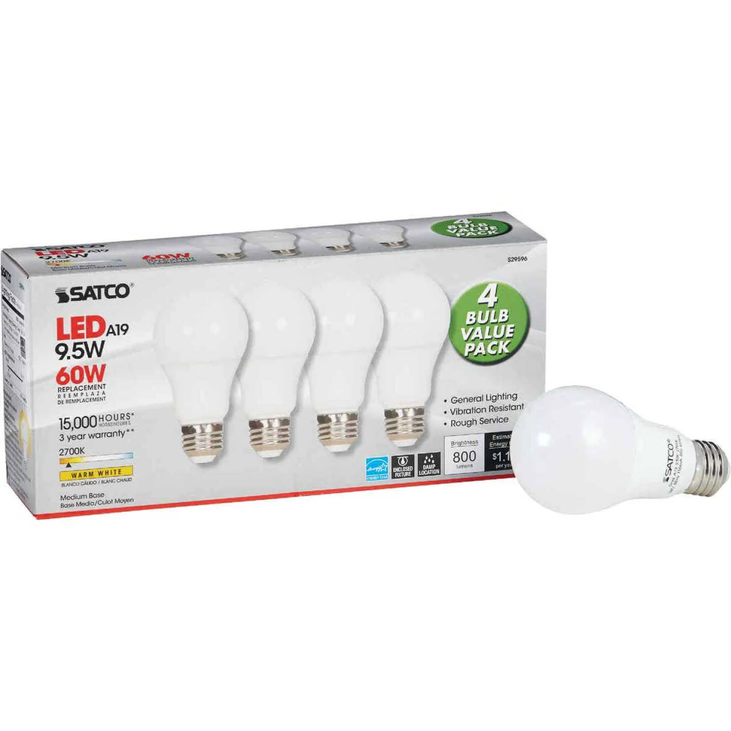Elite Satco 9.5 Watt A19 Frosted Warm White LED Light Bulb 4-Pack Proven