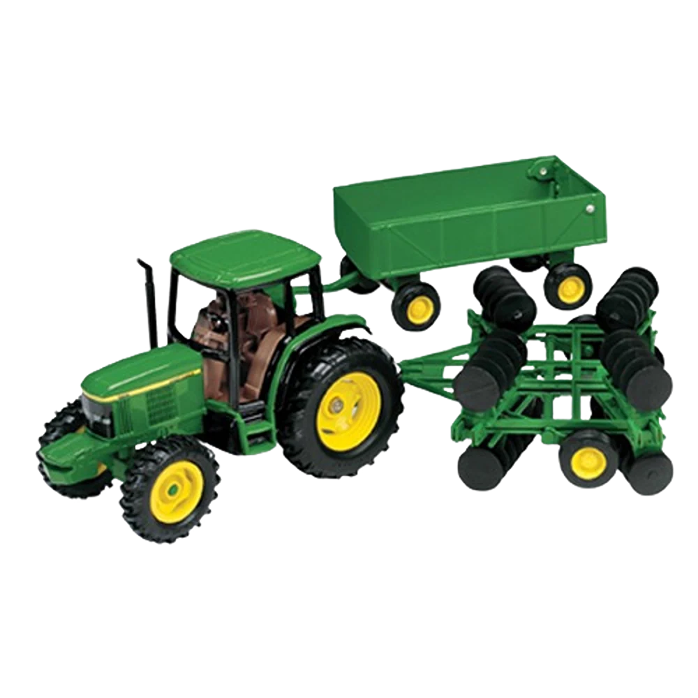 Green TOMY John Deere 1 32 Scale Tractor w Barge Wagon Disk Exceptional