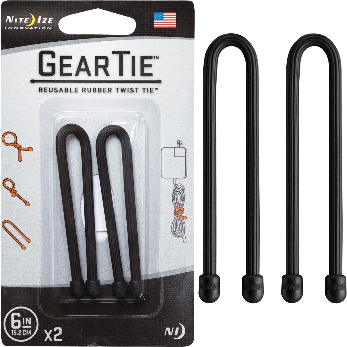 Reliable Nite Ize Gear Tie 2-Pack Reusable 6 in. Rubber Twist Tie Black High-Grade